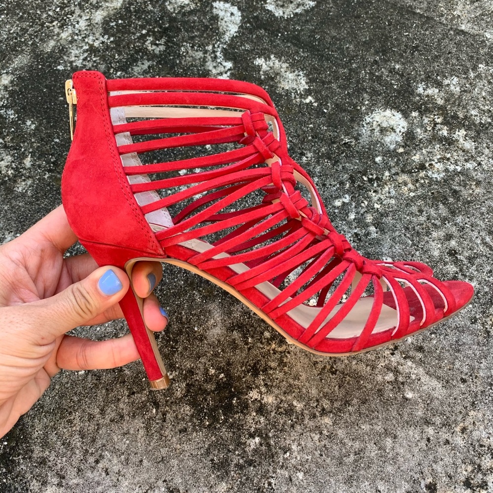 Vince Camuto red suede, caged heels.